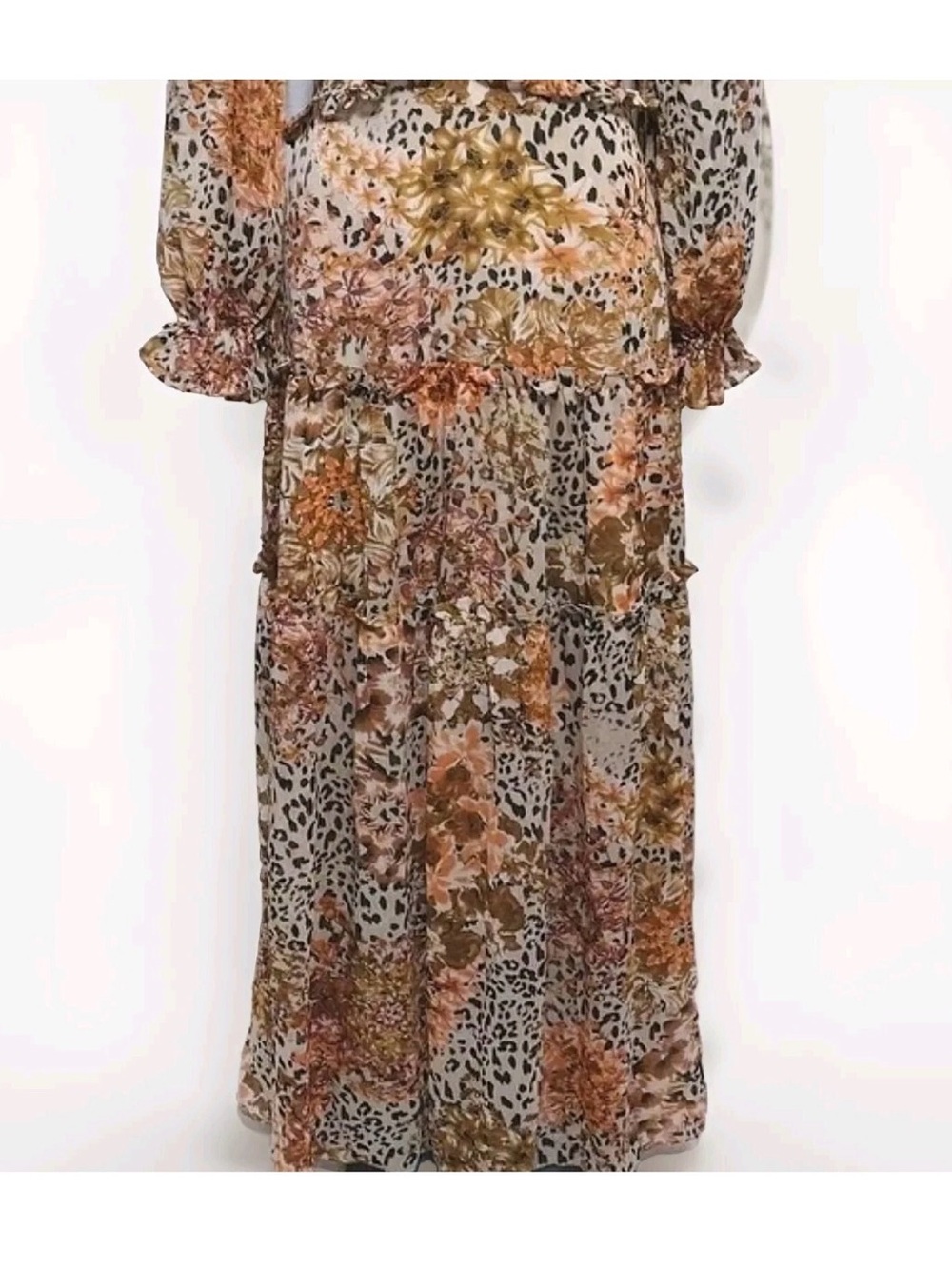 Aakaa Floral & Leopard Tiered Maxi Dress - Cream, Brown, Olive